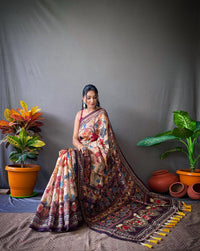 Elegant Beige Color Cotton Saree with Kalamkari Digital Printed Designs