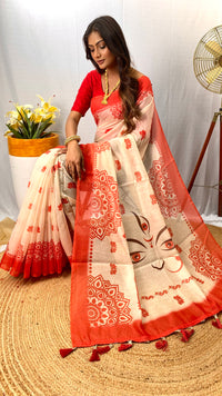 Stunning White & Red Color Chanderi Saree with Digital Printed Designs (Durga Pooja Special)