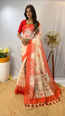 Stunning White & Red Color Chanderi Saree with Digital Printed Designs (Durga Pooja Special)