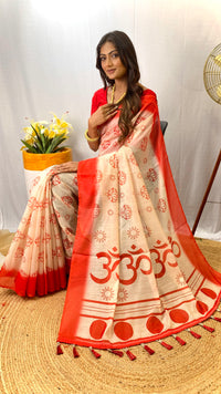 Graceful White & Red Color Chanderi Saree with Digital Printed Designs (Durga Pooja Special)