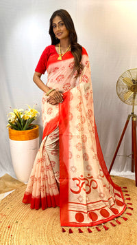 Graceful White & Red Color Chanderi Saree with Digital Printed Designs (Durga Pooja Special)