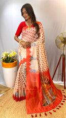 Breathtaking White & Red Color Chanderi Saree with Digital Printed Designs (Durga Pooja Special)