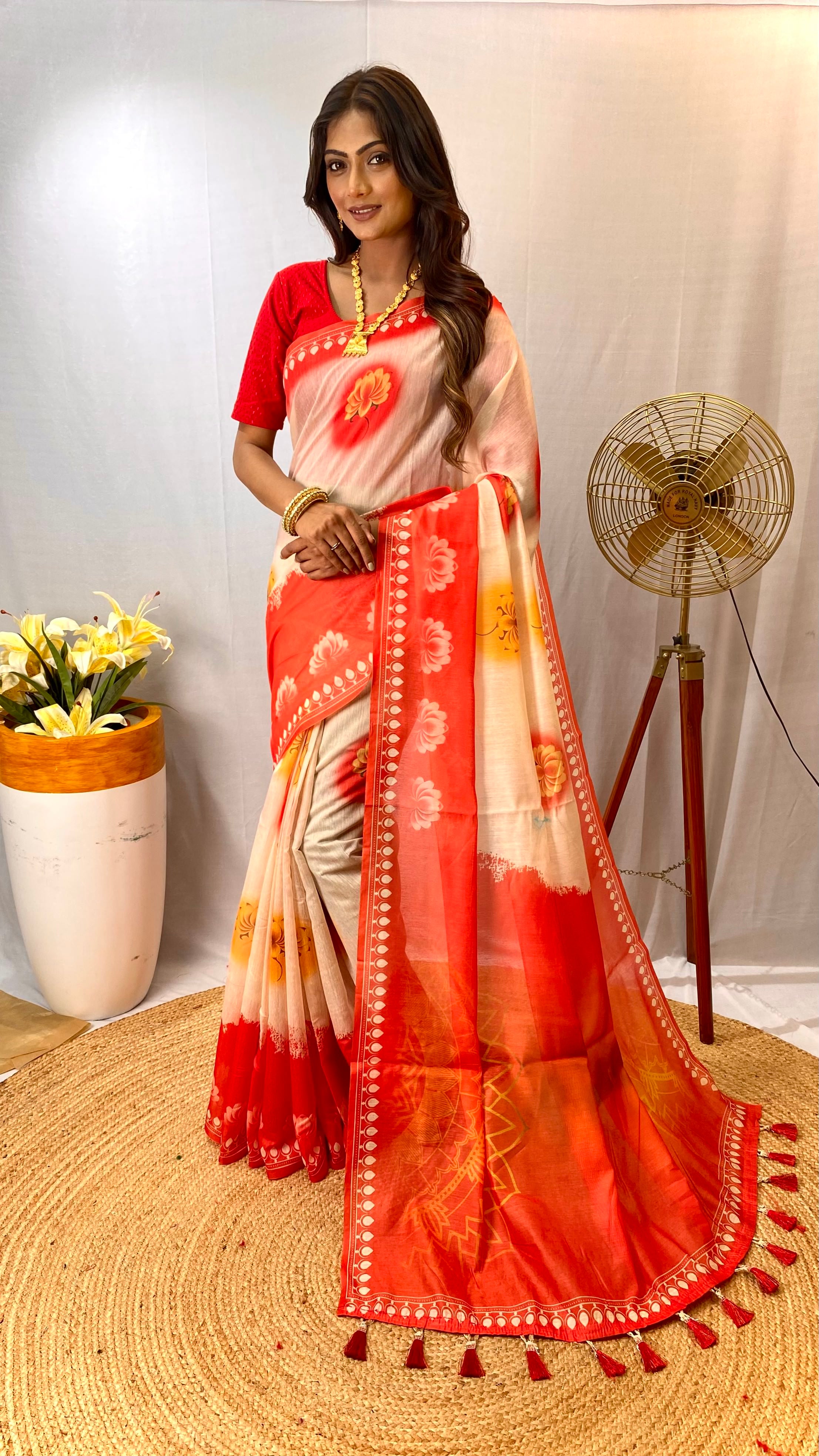 Regal White & Red Color Chanderi Saree with Digital Printed Designs (Durga Pooja Special)