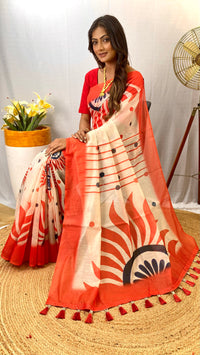 Splendid White & Red Color Chanderi Saree with Digital Printed Designs (Durga Pooja Special)