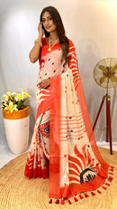 Splendid White & Red Color Chanderi Saree with Digital Printed Designs (Durga Pooja Special)