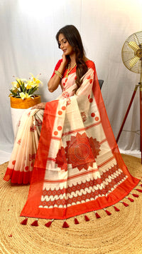 Opulent White & Red Color Chanderi Saree with Digital Printed Designs (Durga Pooja Special)