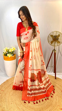 Opulent White & Red Color Chanderi Saree with Digital Printed Designs (Durga Pooja Special)