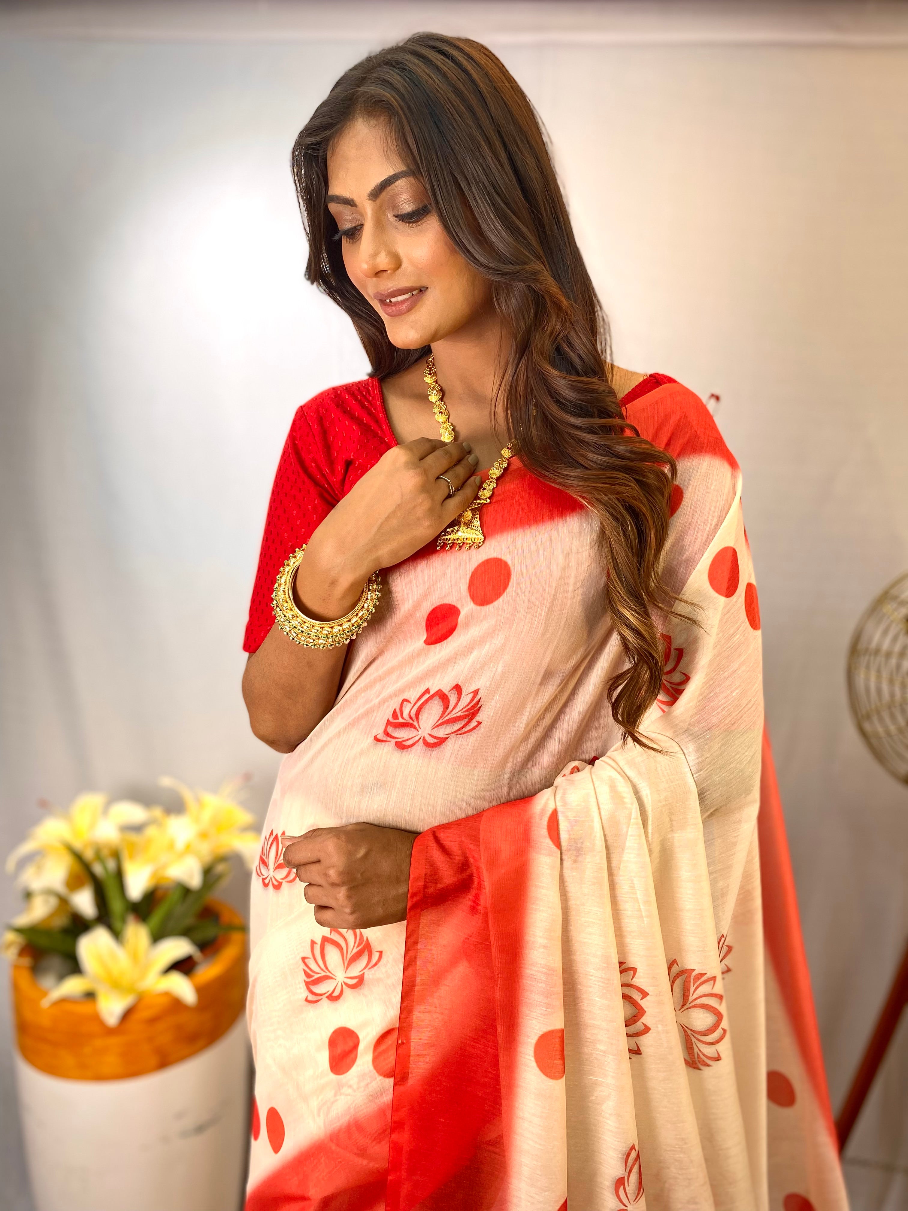 Opulent White & Red Color Chanderi Saree with Digital Printed Designs (Durga Pooja Special)