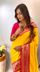 Captivating Yellow Color Paithani Silk Saree with Kanchipuram Touch