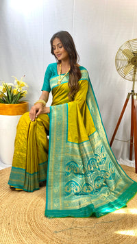 Dazzling Lemon Yellow Color Paithani Silk Saree with Kanchipuram Touch