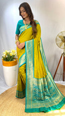 Dazzling Lemon Yellow Color Paithani Silk Saree with Kanchipuram Touch