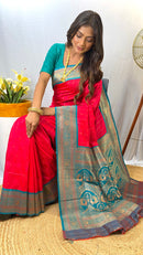 Gorgeous Red Color Paithani Silk Saree with Kanchipuram Touch