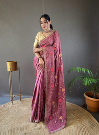 Blissful Wine Color Tussar Silk Saree with Floral Embroidery Work