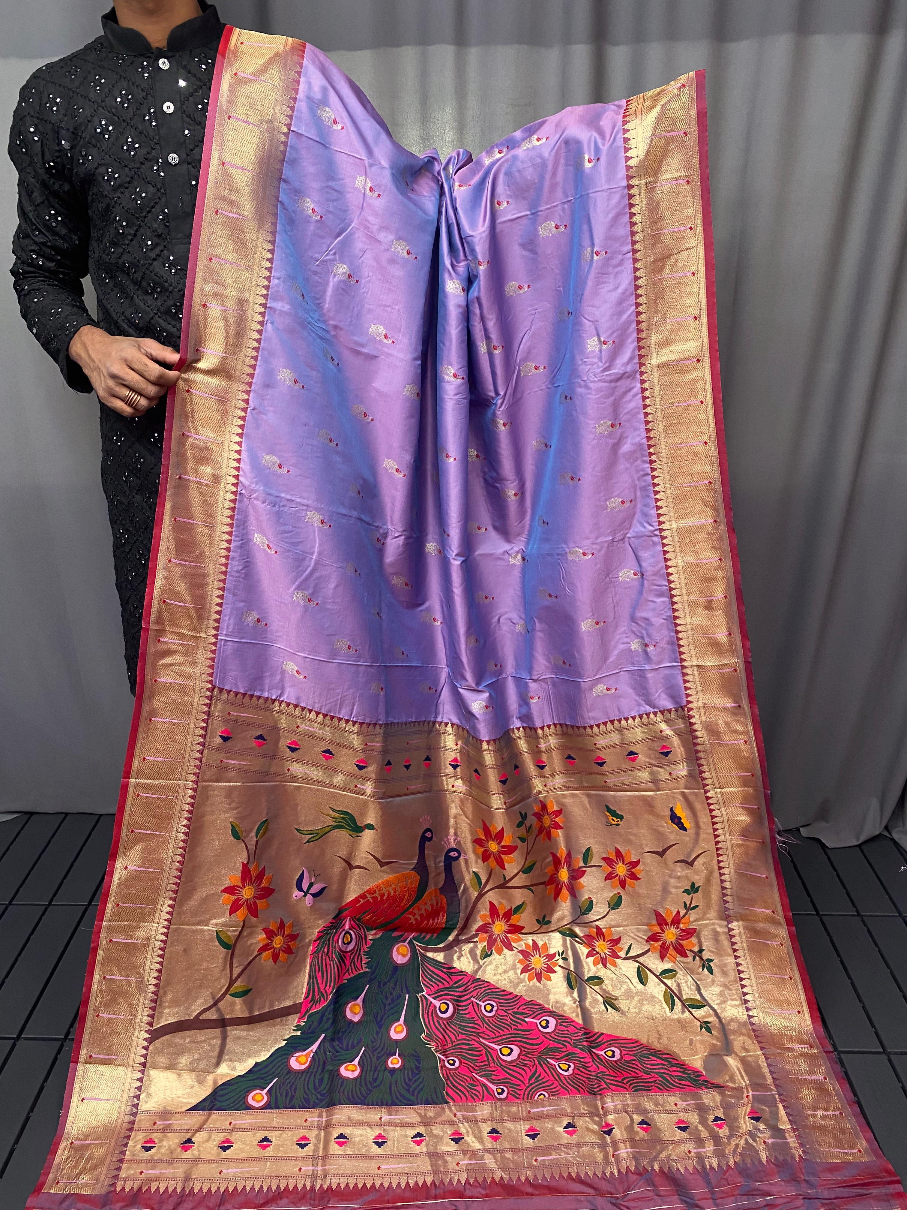 Luminescent Lavender Color Paithani Silk Saree with Rich Peacock Design on Pallu