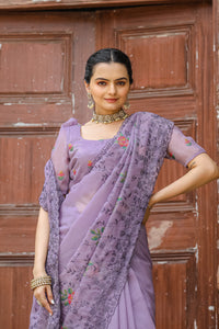 Mystical Lavender Color Chiffon Saree with Zari & Embroidery Work