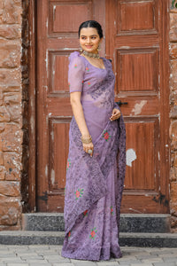 Mystical Lavender Color Chiffon Saree with Zari & Embroidery Work