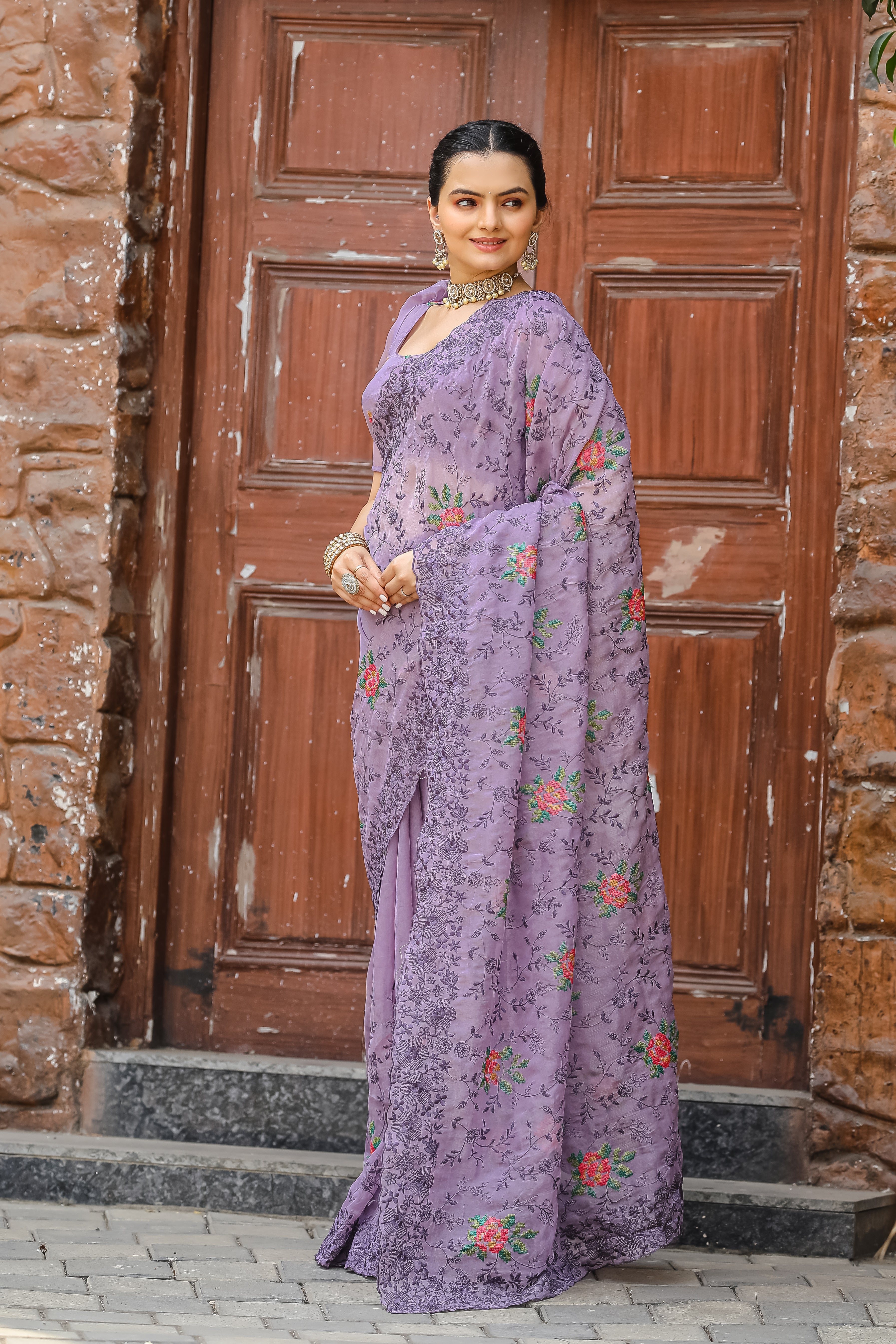 Mystical Lavender Color Chiffon Saree with Zari & Embroidery Work