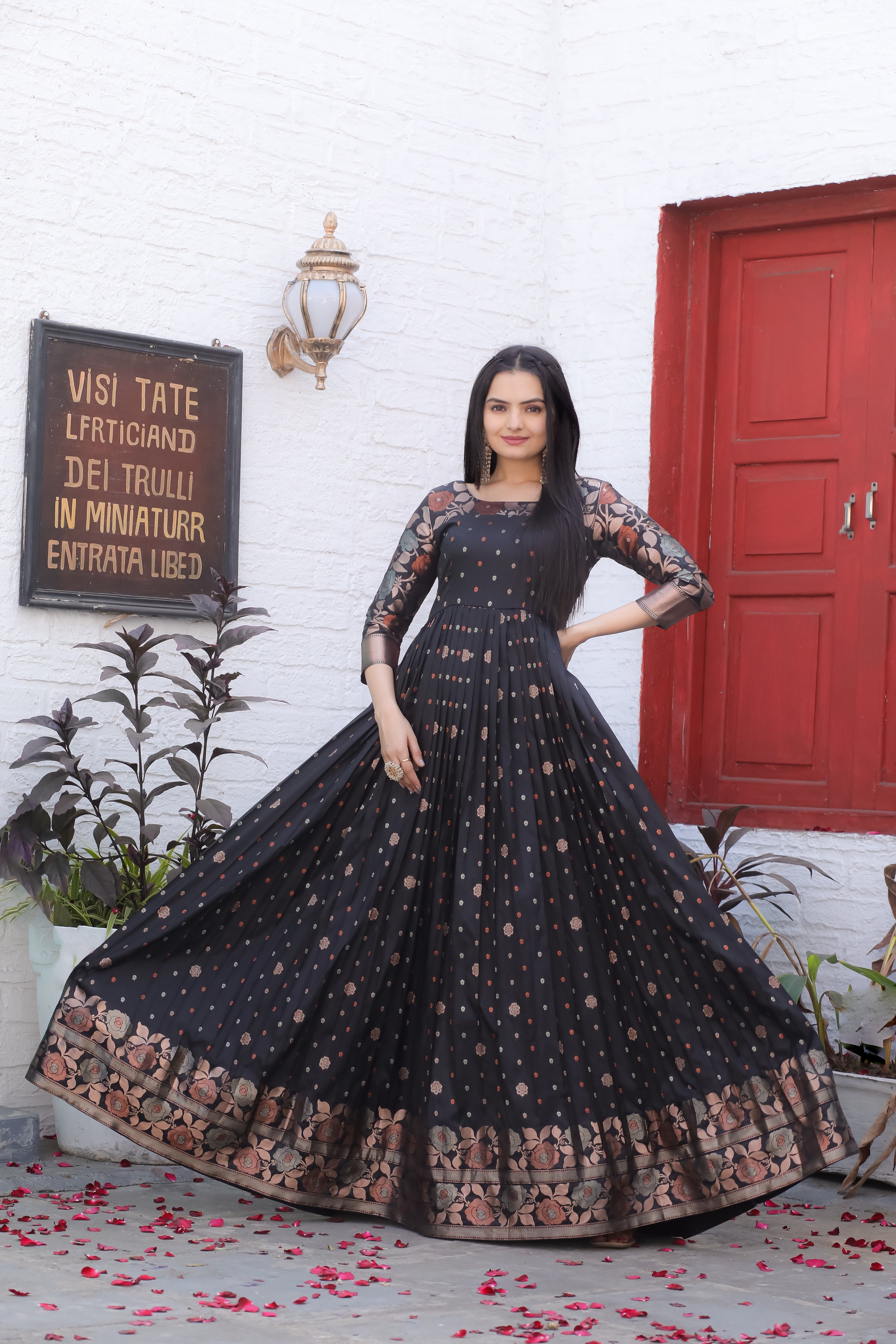 Exquisite Black Color Banarasi Silk Gown