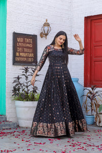 Exquisite Black Color Banarasi Silk Gown