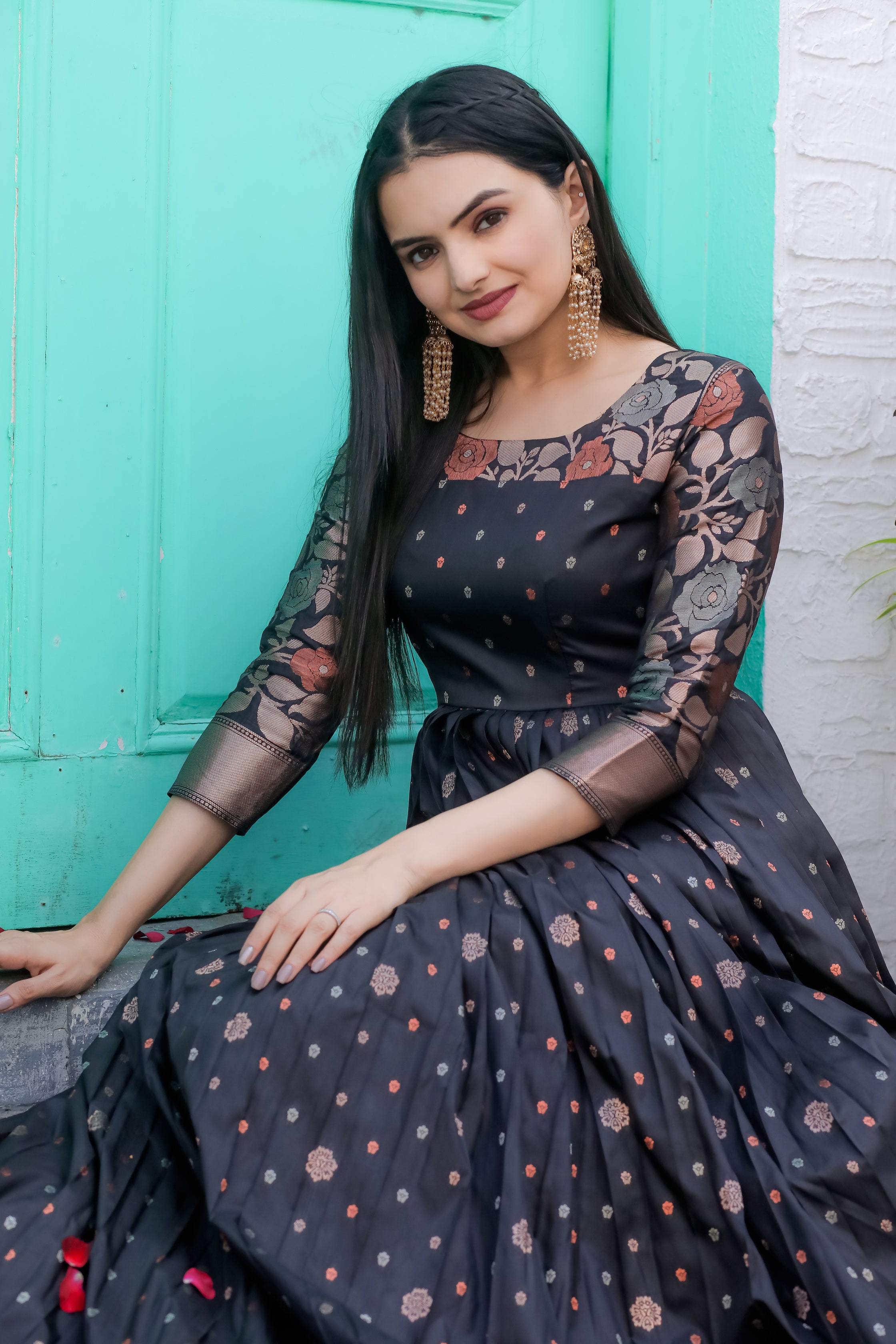 Exquisite Black Color Banarasi Silk Gown