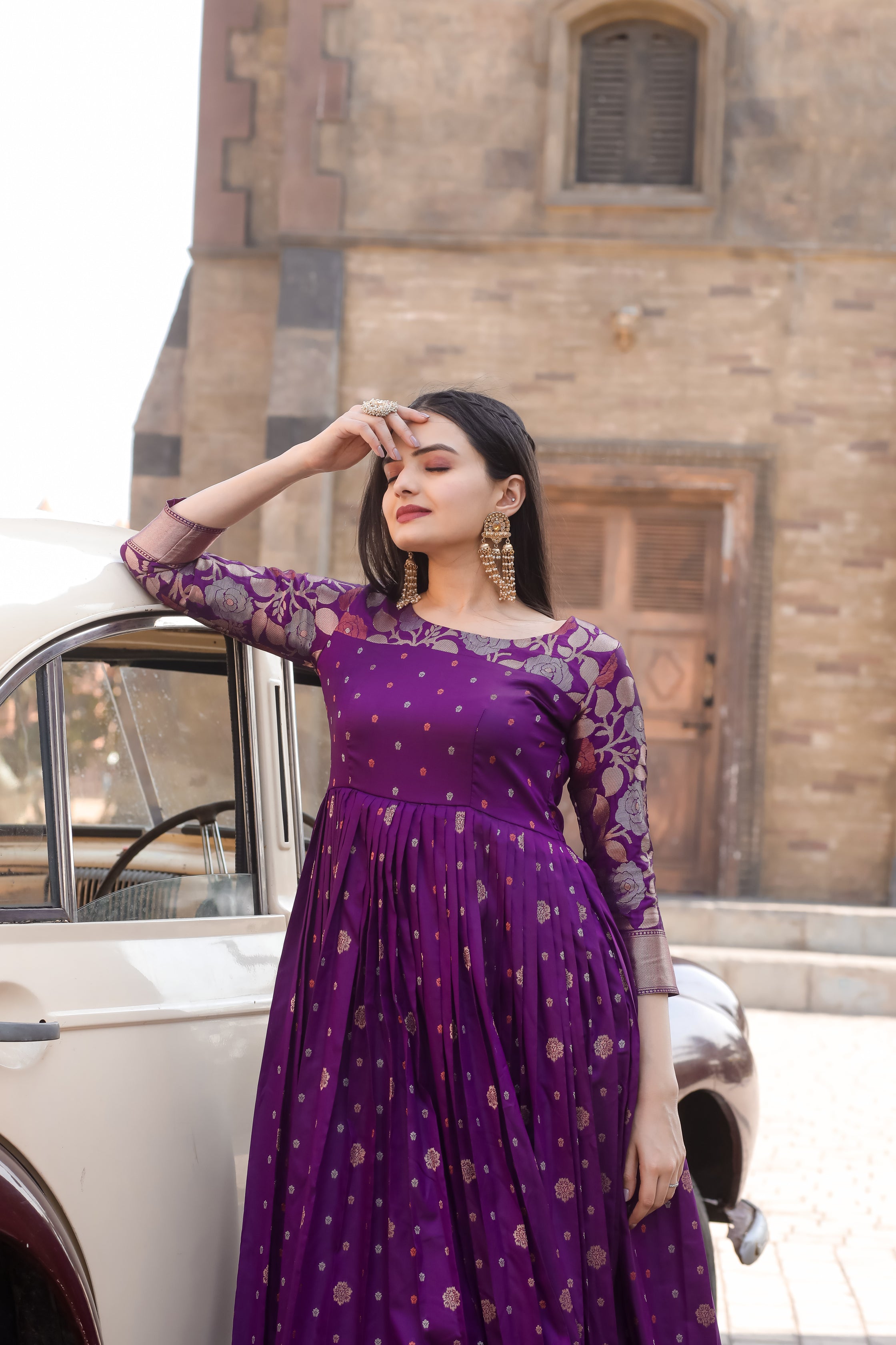 Elegant Purple Color Banarasi Silk Gown