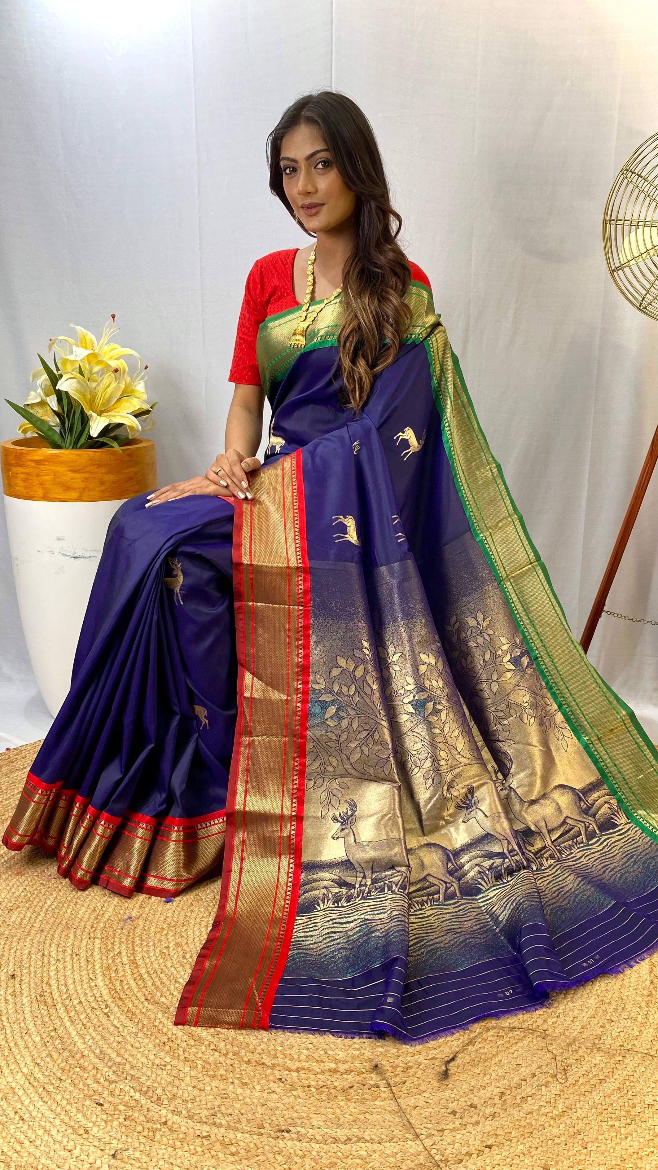 Gorgeous Navy Blue Color Soft Silk Saree with Deer Motifs