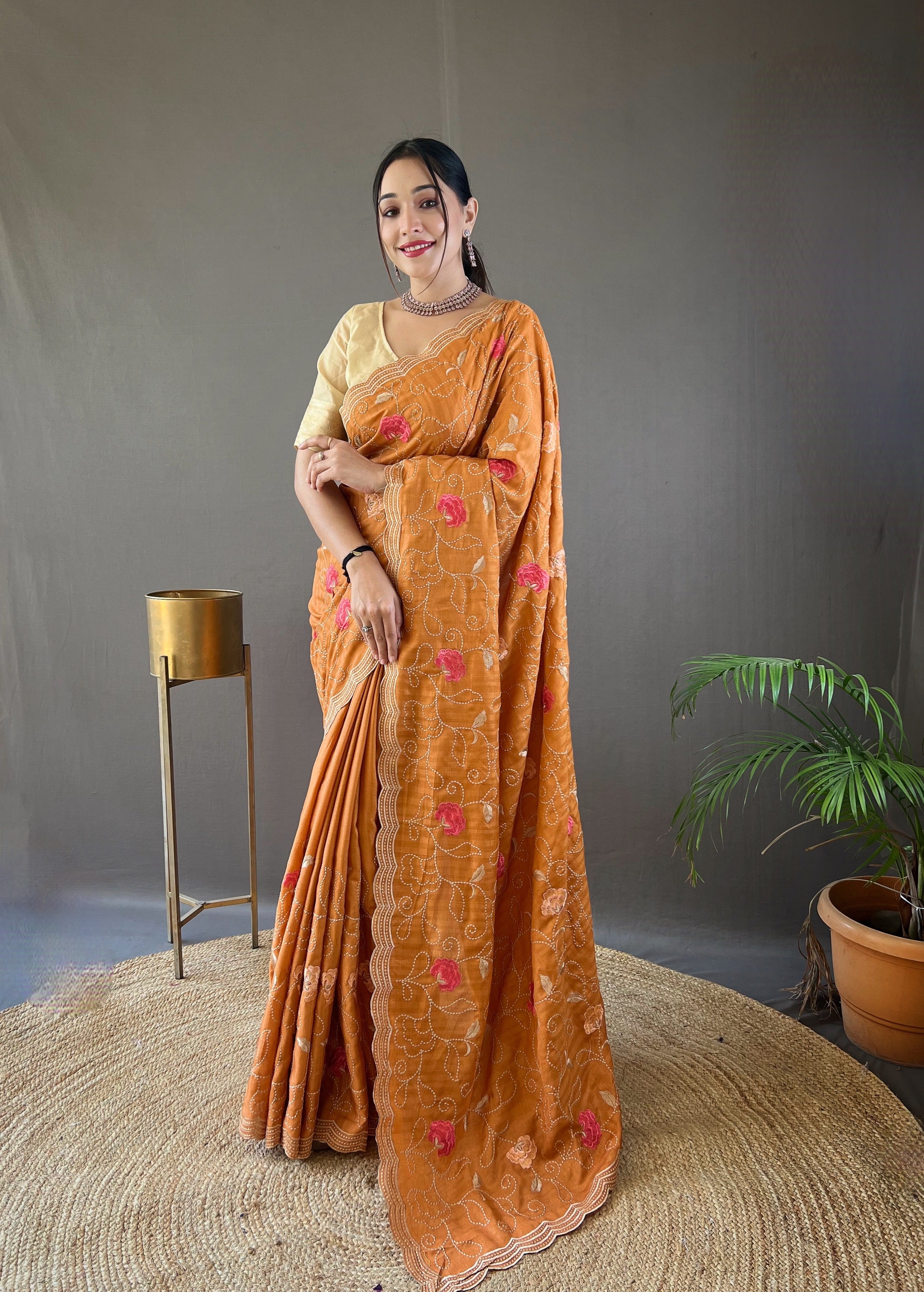 Enigmatic Orange Color Tussar Silk Saree with Floral Embroidery Work