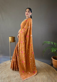 Enigmatic Orange Color Tussar Silk Saree with Floral Embroidery Work