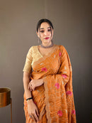 Enigmatic Orange Color Tussar Silk Saree with Floral Embroidery Work