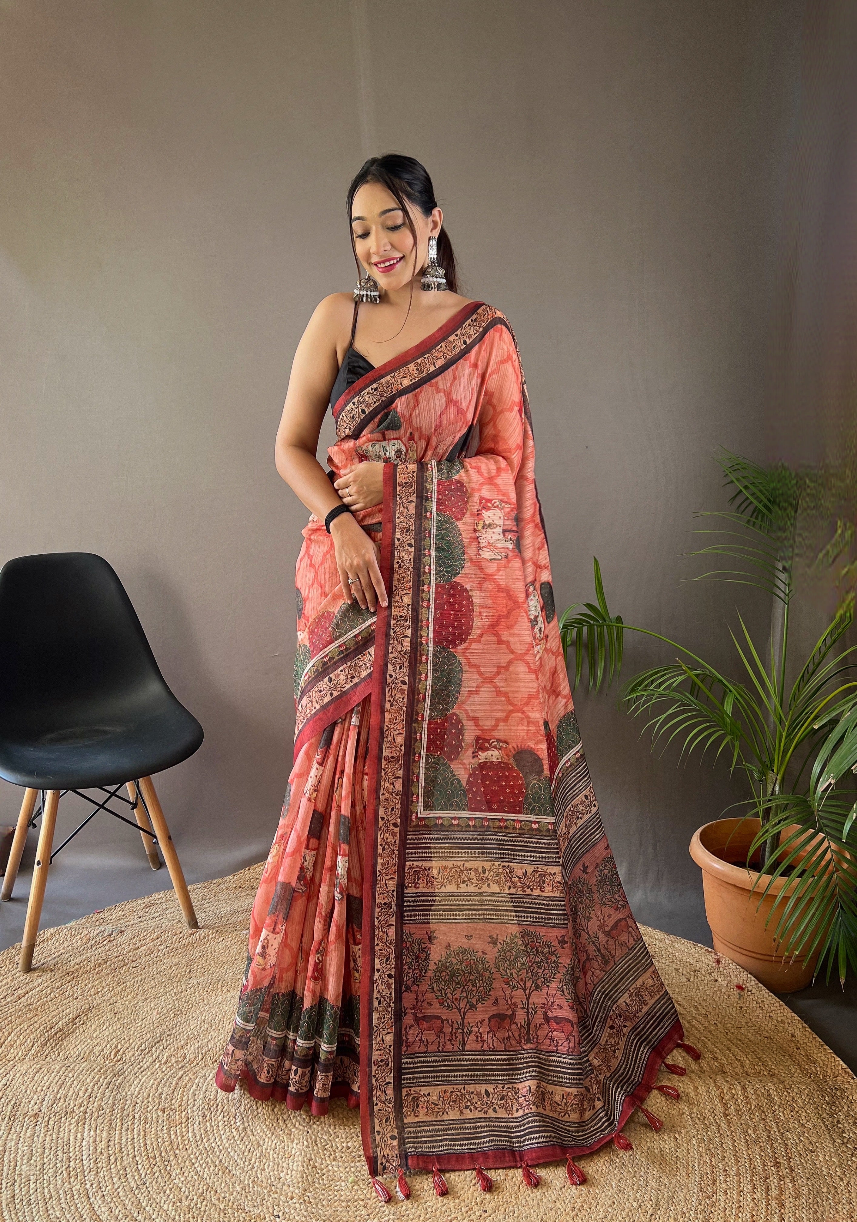 Radiant Peach Color Tussar Cotton Saree