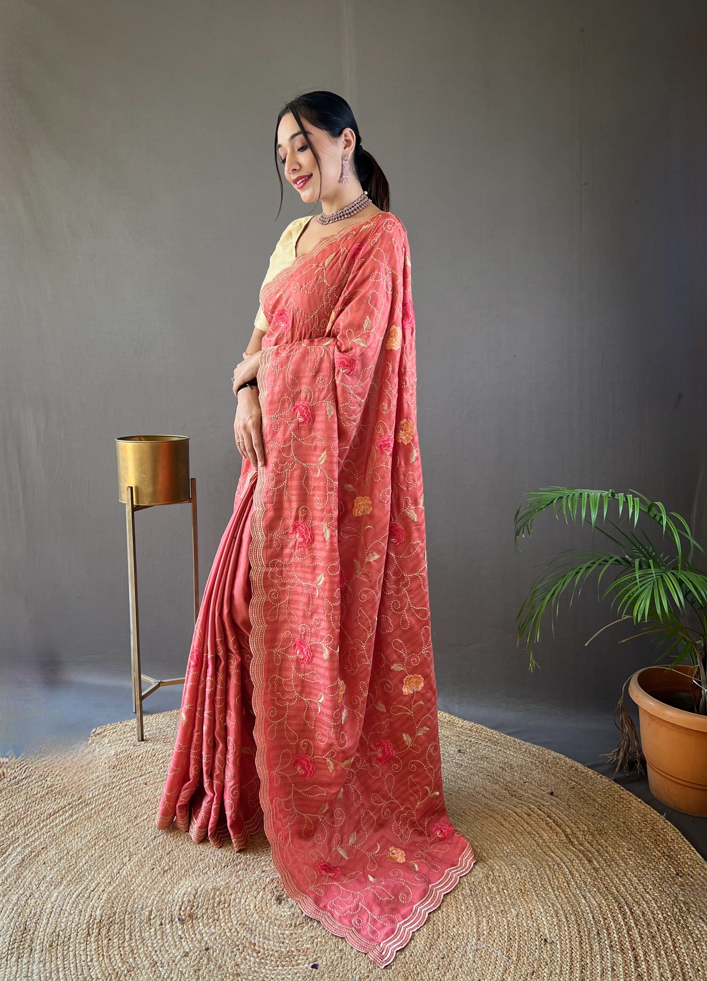 Whimsical Pink Color Tussar Silk Saree with Floral Embroidery Work