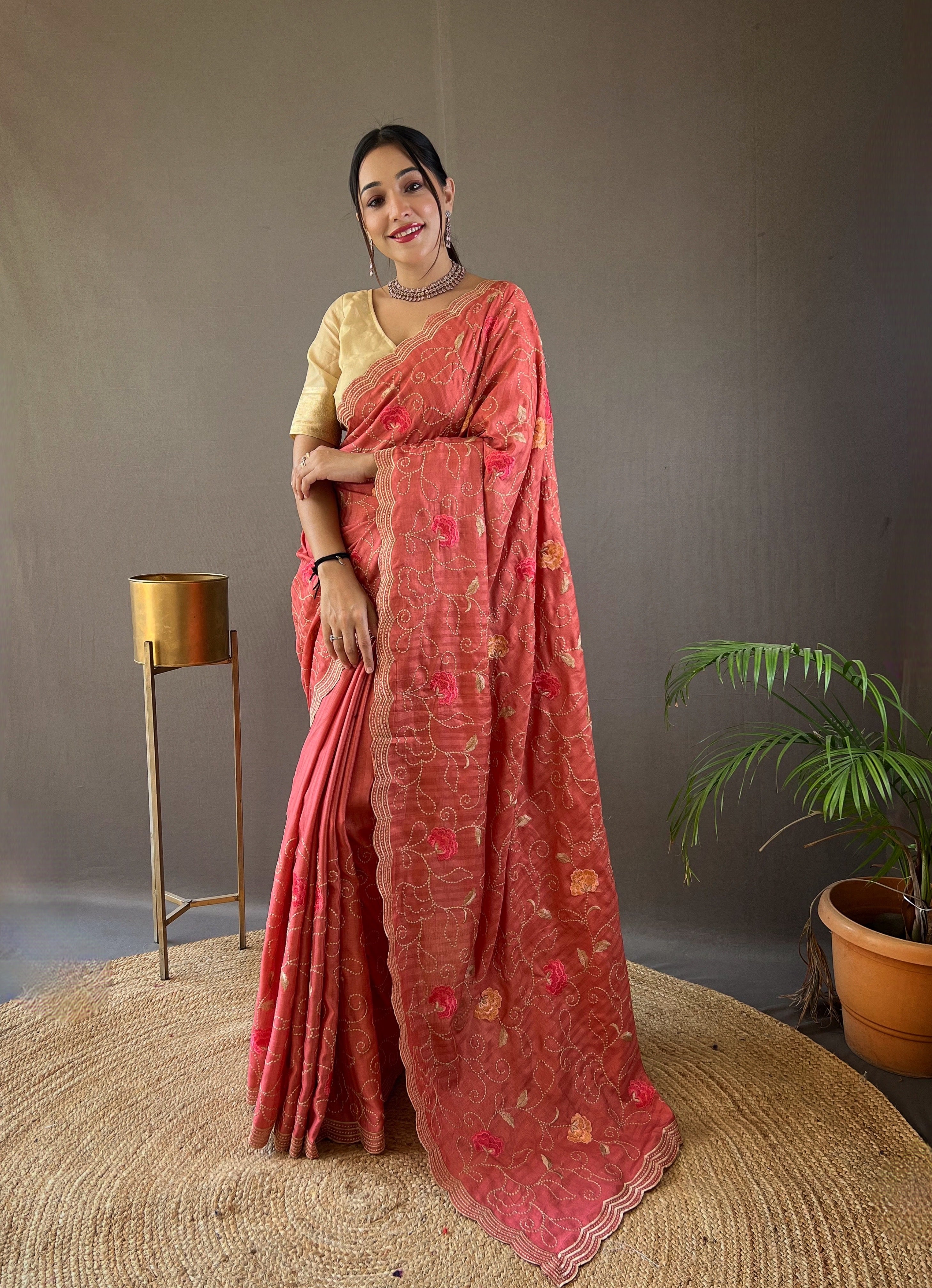 Whimsical Pink Color Tussar Silk Saree with Floral Embroidery Work