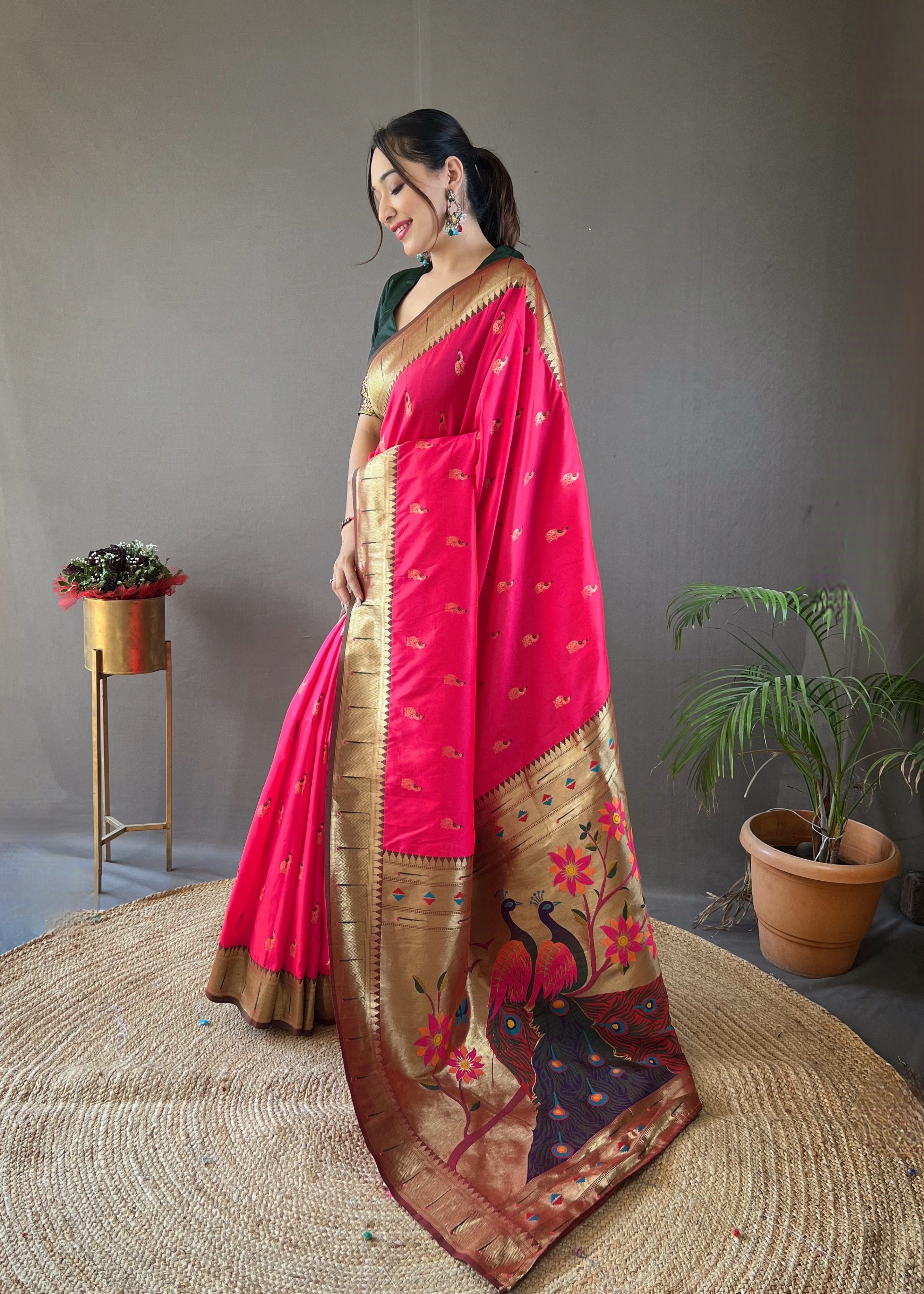 Opalescent Pink Color Paithani Silk Saree with Rich Peacock Design on Pallu