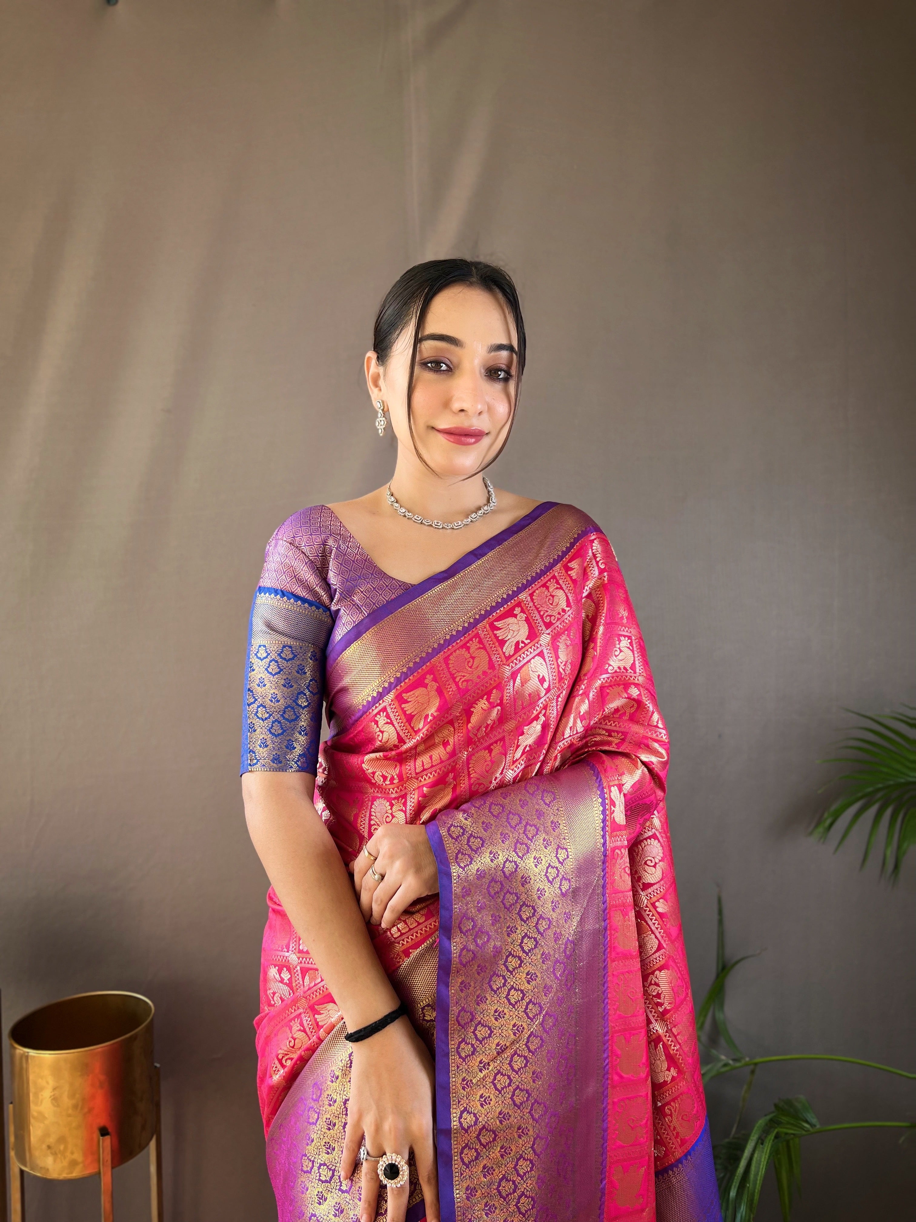 Winsome Pink Color Kanchi Pattu Silk Saree