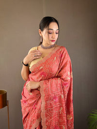 Whimsical Pink Color Tussar Silk Saree with Floral Embroidery Work