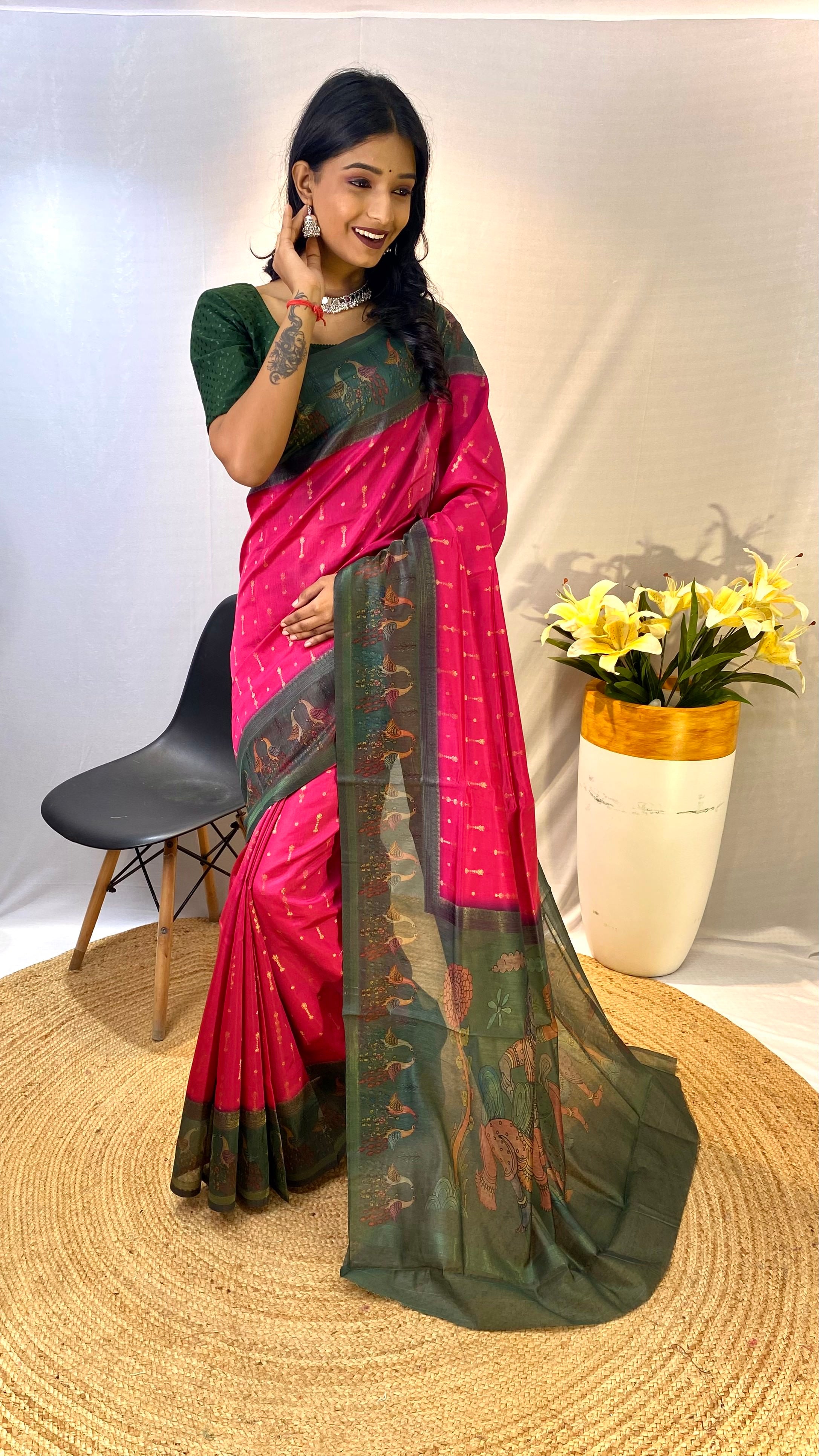 Resplendent Pink Color Chanderi Silk Saree