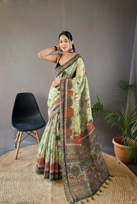 Luminescent Pista Green Color Tussar Cotton Saree