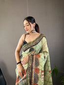 Luminescent Pista Green Color Tussar Cotton Saree