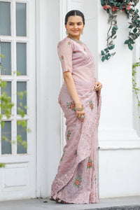 Opalescent Peach Color Chiffon Saree with Zari & Embroidery Work