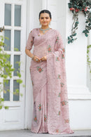 Opalescent Peach Color Chiffon Saree with Zari & Embroidery Work