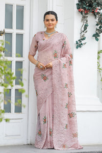 Opalescent Peach Color Chiffon Saree with Zari & Embroidery Work