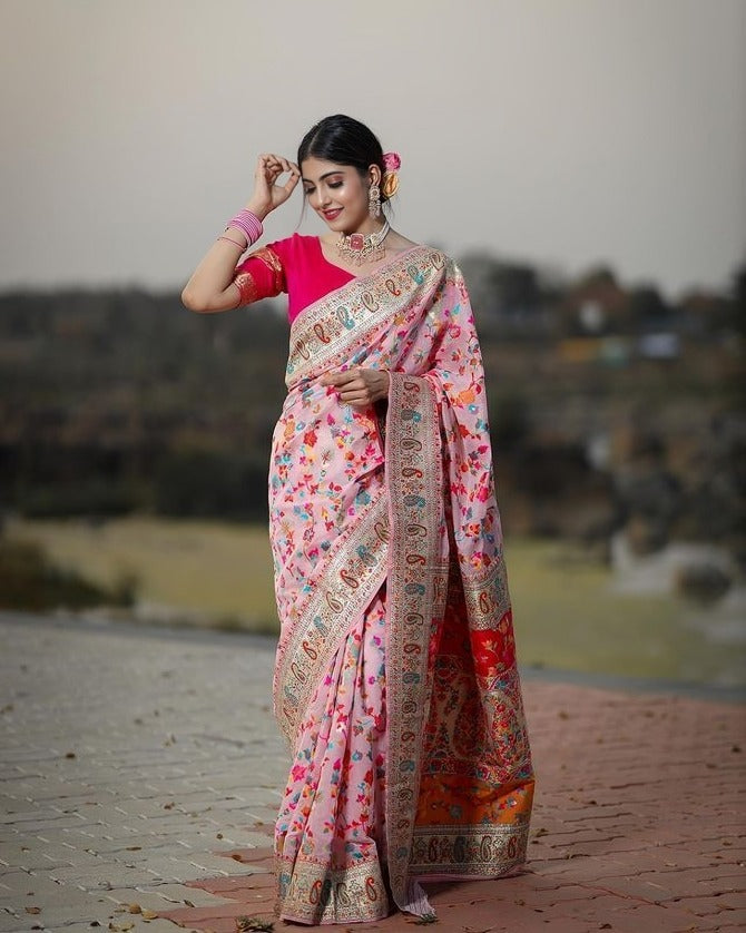 Ornate Pink Color Kashmiri Pashmina Saree