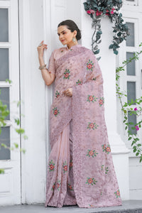 Delicate Light Pink Color Chiffon Saree with Zari & Embroidery Work