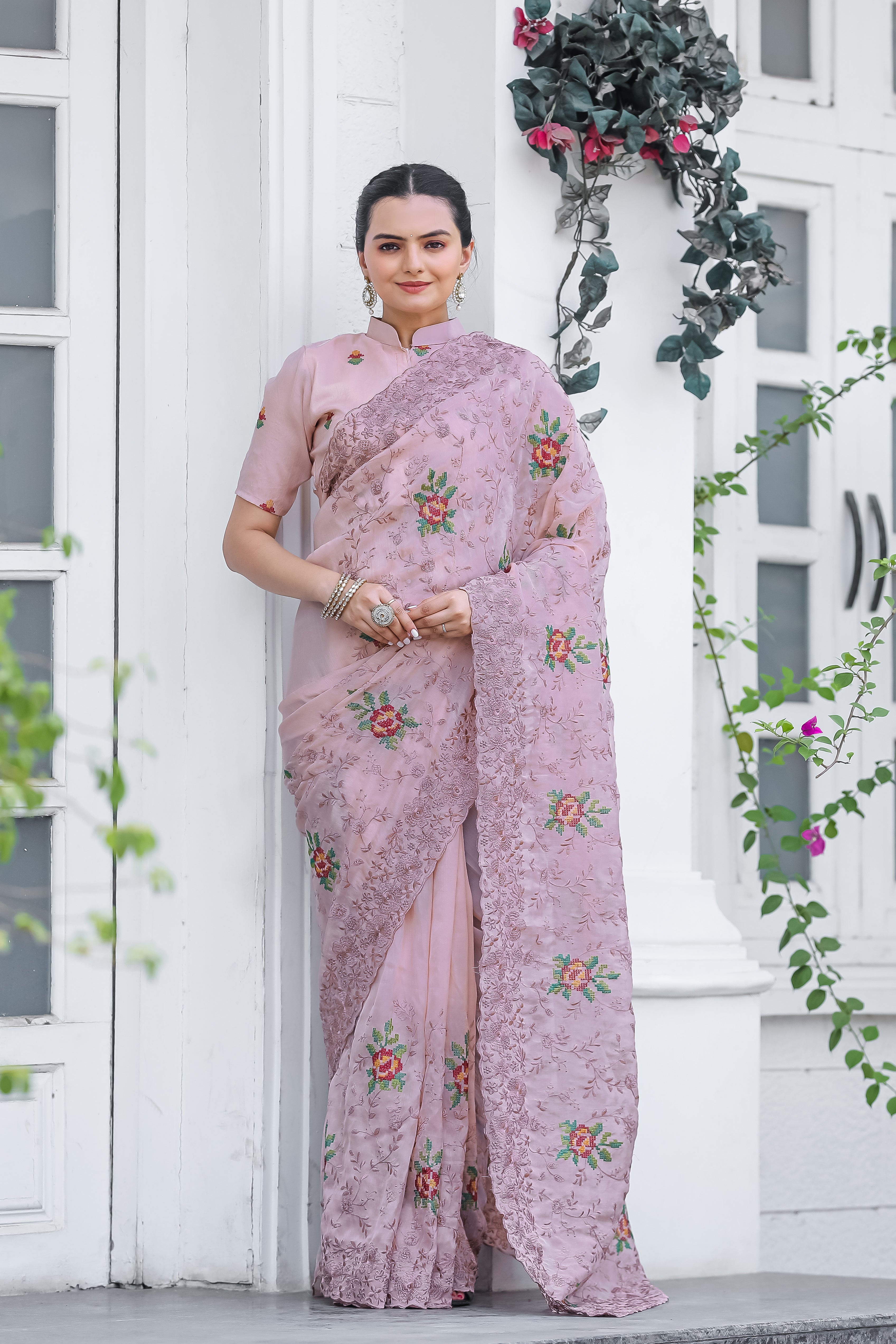 Delicate Light Pink Color Chiffon Saree with Zari & Embroidery Work