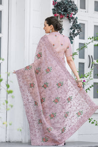 Delicate Light Pink Color Chiffon Saree with Zari & Embroidery Work