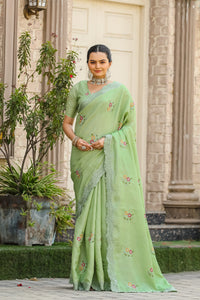 Captivating Green Color Tussar Cotton Saree