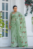 Ornate Green Color Chiffon Saree with Zari & Embroidery Work