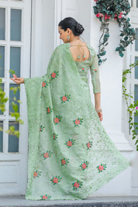 Ornate Green Color Chiffon Saree with Zari & Embroidery Work