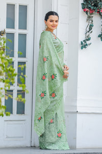 Ornate Green Color Chiffon Saree with Zari & Embroidery Work