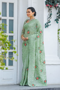 Ornate Green Color Chiffon Saree with Zari & Embroidery Work